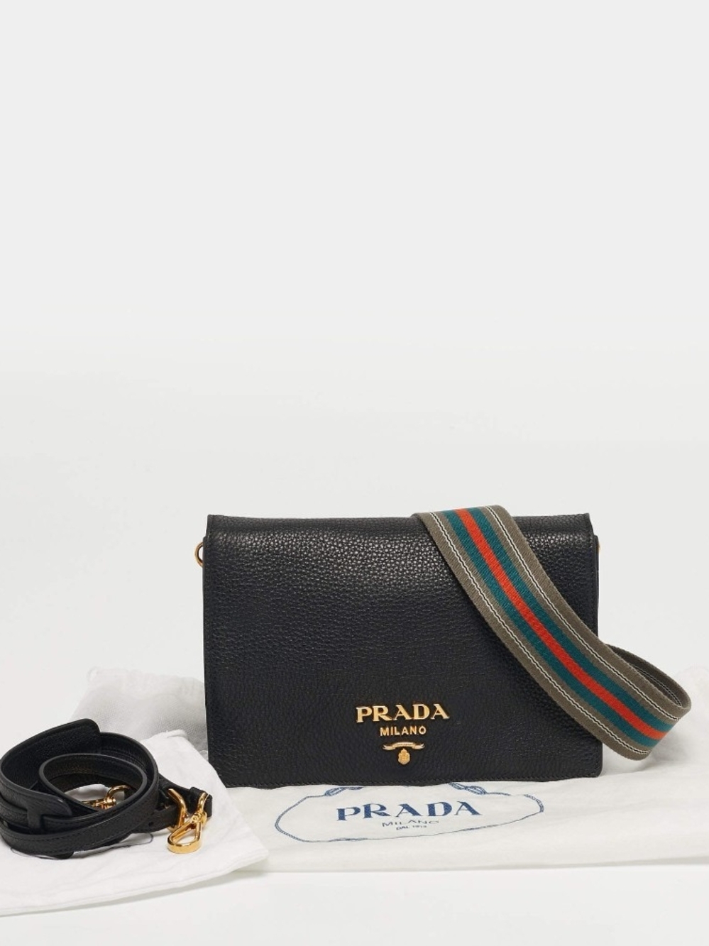 Prada Black Pebbled Leather Crossbody with Striped Webbing Strap